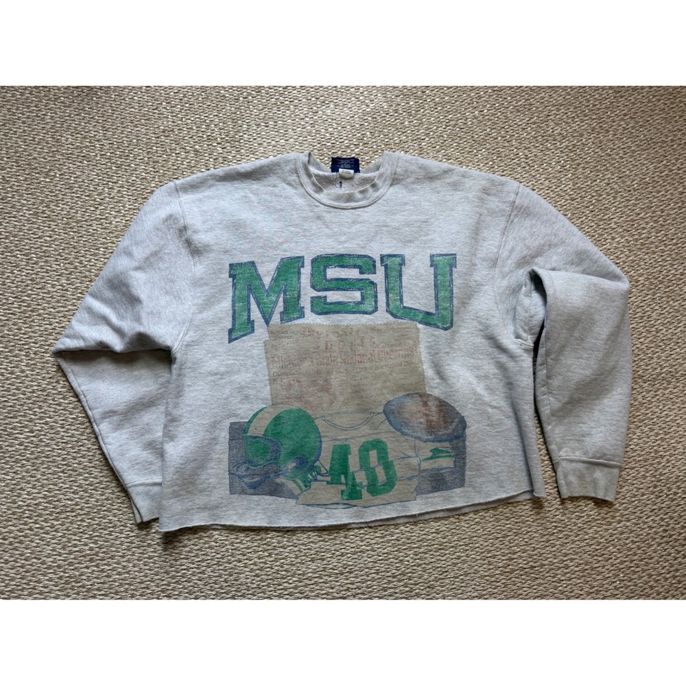 Vintage MSU Michigan State Spartans Cropped Sweatshirt‎ Grey Mens XL Boxy Fit